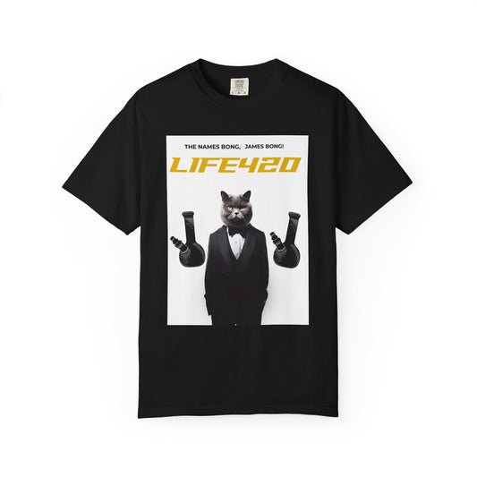 T-Shirt — 'LIFE420' Cat in Tuxedo Graphic Tee (James Bond Parody)
