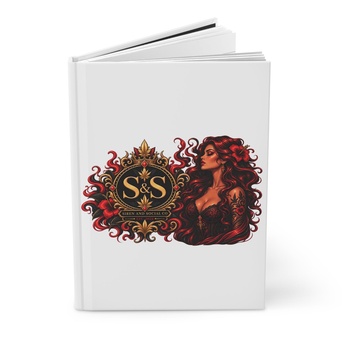 Red-Haired Femme Fatale Hardcover Journal — Lined Notebook with Gothic Crest