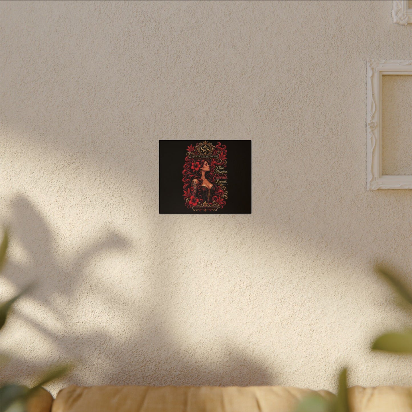 Motivational Art Canvas – "Plan. Manifest. Elevate. Repeat." Red-Haired Goddess Wall Decor