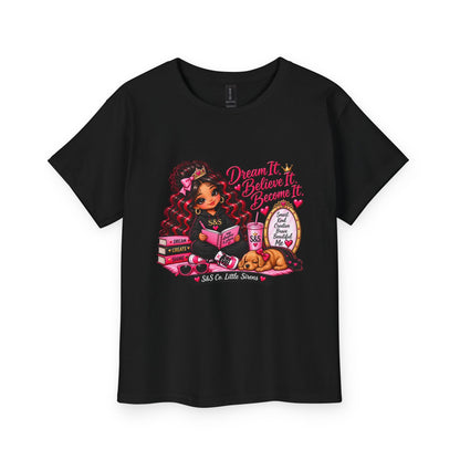 Kids Reading T‑Shirt — "Dream Big, Read Big" Girl with Books & Sleeping Puppy