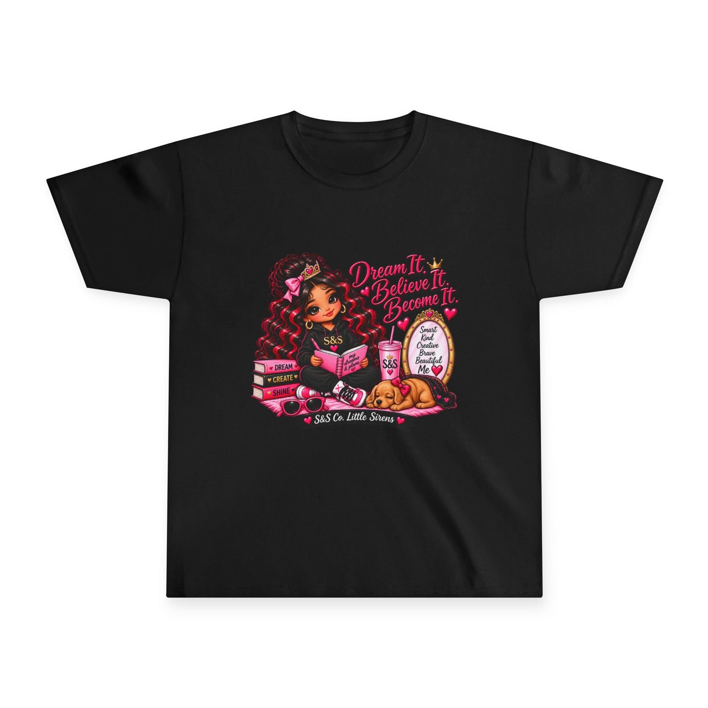 Kids Reading T‑Shirt — "Dream Big, Read Big" Girl with Books & Sleeping Puppy