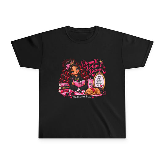 Kids Reading T‑Shirt — "Dream Big, Read Big" Girl with Books & Sleeping Puppy