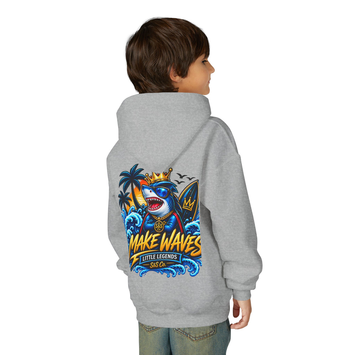 'Make Waves' Shark Surf Graphic with Crown & S&S Co Logo