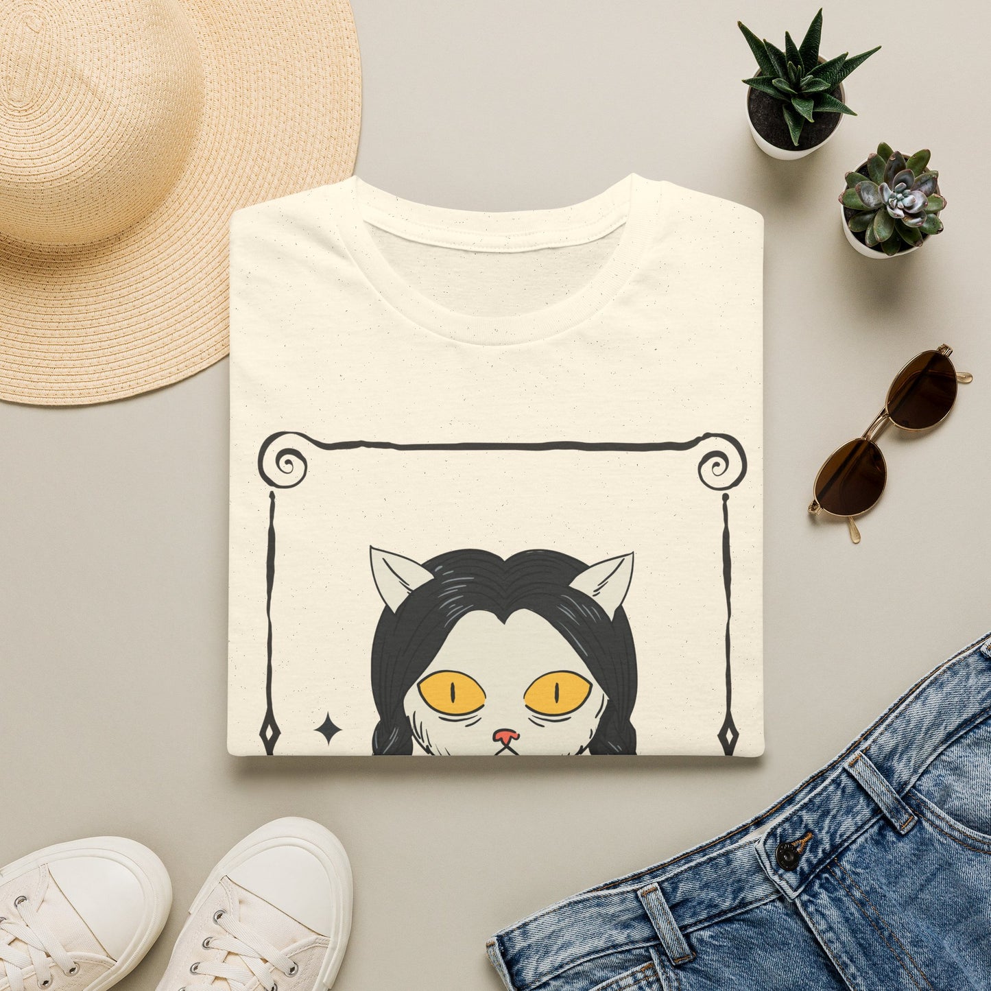 Mystic Cat Witch T‑Shirt — Yellow‑Eyed Wedneday Vibe Graphic Tee