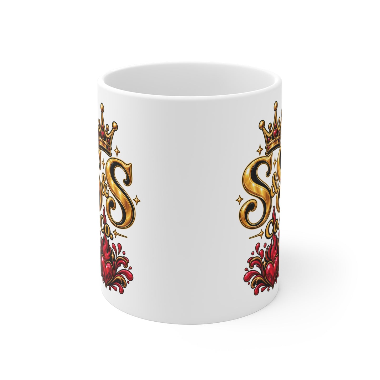 S&S Co. Crowned Heart 11oz Ceramic Mug — Retro Gold Logo Coffee Cup