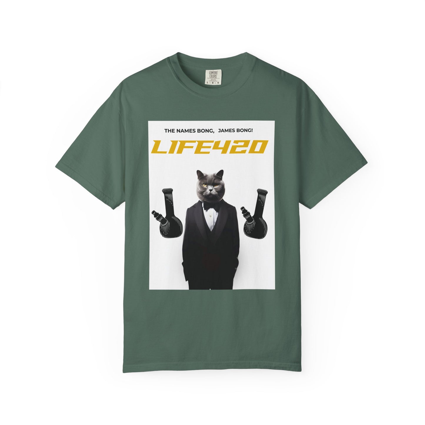 T-Shirt — 'LIFE420' Cat in Tuxedo Graphic Tee (James Bond Parody)