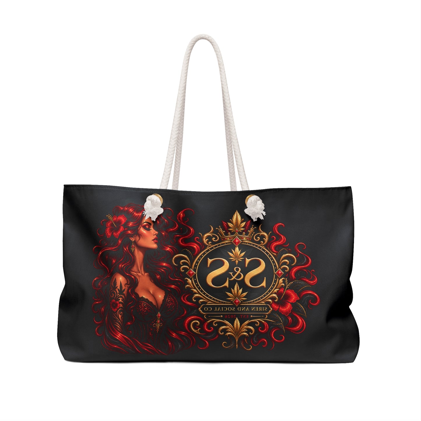 Ember Siren Weekender Bag – Red Floral Goddess Monogram Travel Tote